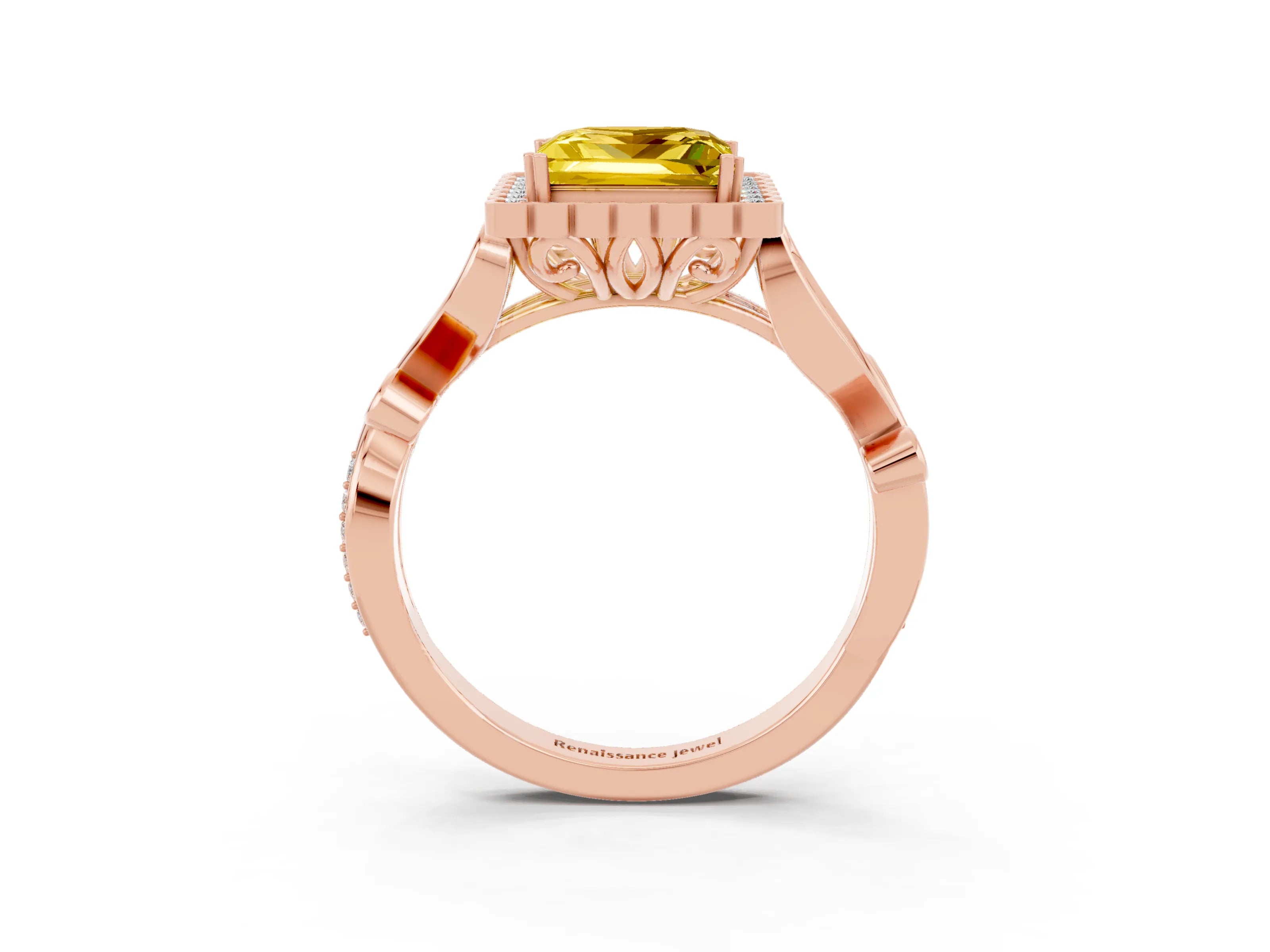 Rose gold Princess Cut Yellow Sapphire Halo Ring with Vintage Split Shank and Four-Prong Setting_3