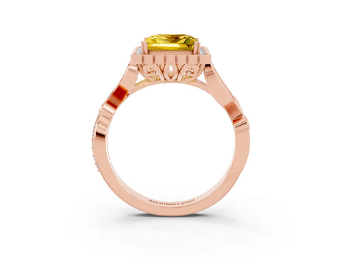 Rose gold Princess Cut Yellow Sapphire Halo Ring with Vintage Split Shank and Four-Prong Setting_3