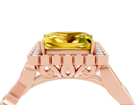 Rose gold Princess Cut Yellow Sapphire Halo Ring with Vintage Split Shank and Four-Prong Setting_4