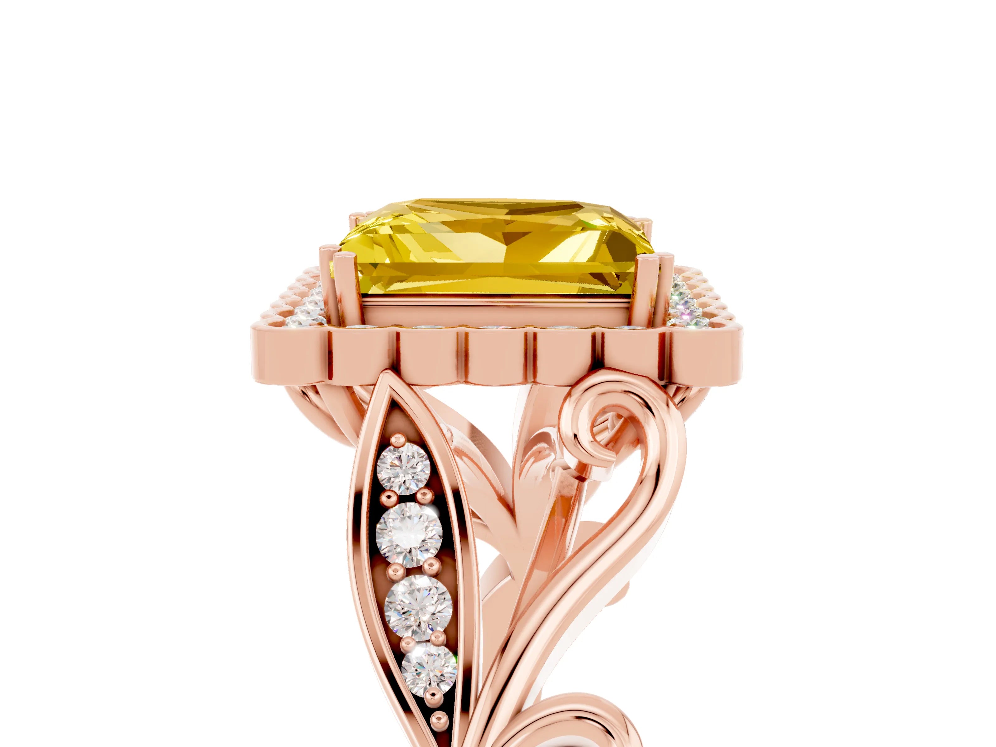 Rose gold Princess Cut Yellow Sapphire Halo Ring with Vintage Split Shank and Four-Prong Setting_5