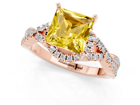 Rose gold Princess Cut Yellow Sapphire Halo Twist Band Solitaire Prong Setting Ring_25