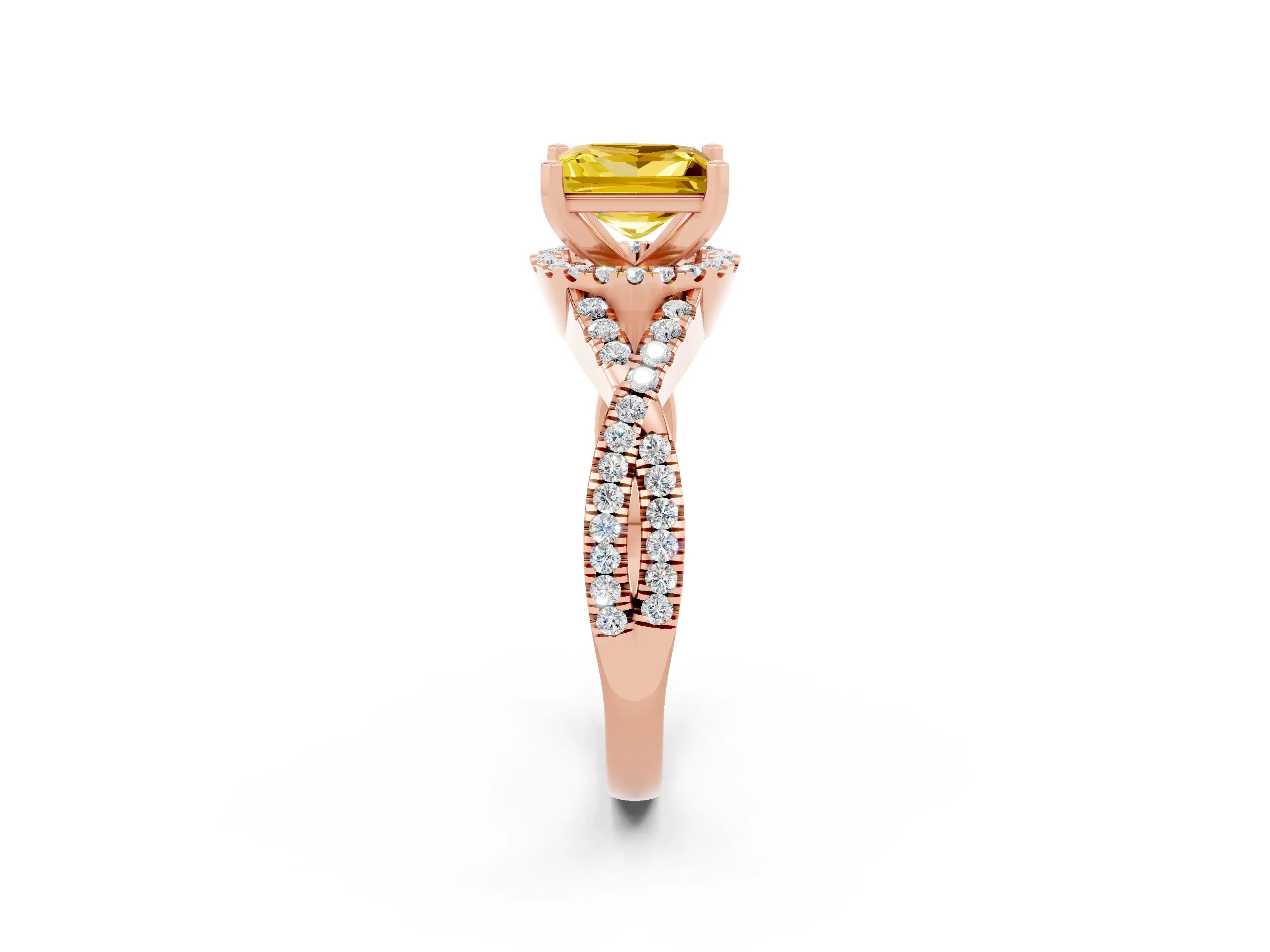Rose gold Princess Cut Yellow Sapphire Halo Twist Band Solitaire Prong Setting Ring_26