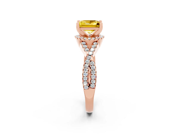 Rose gold Princess Cut Yellow Sapphire  Halo Twist Band Solitaire Prong Setting Ring