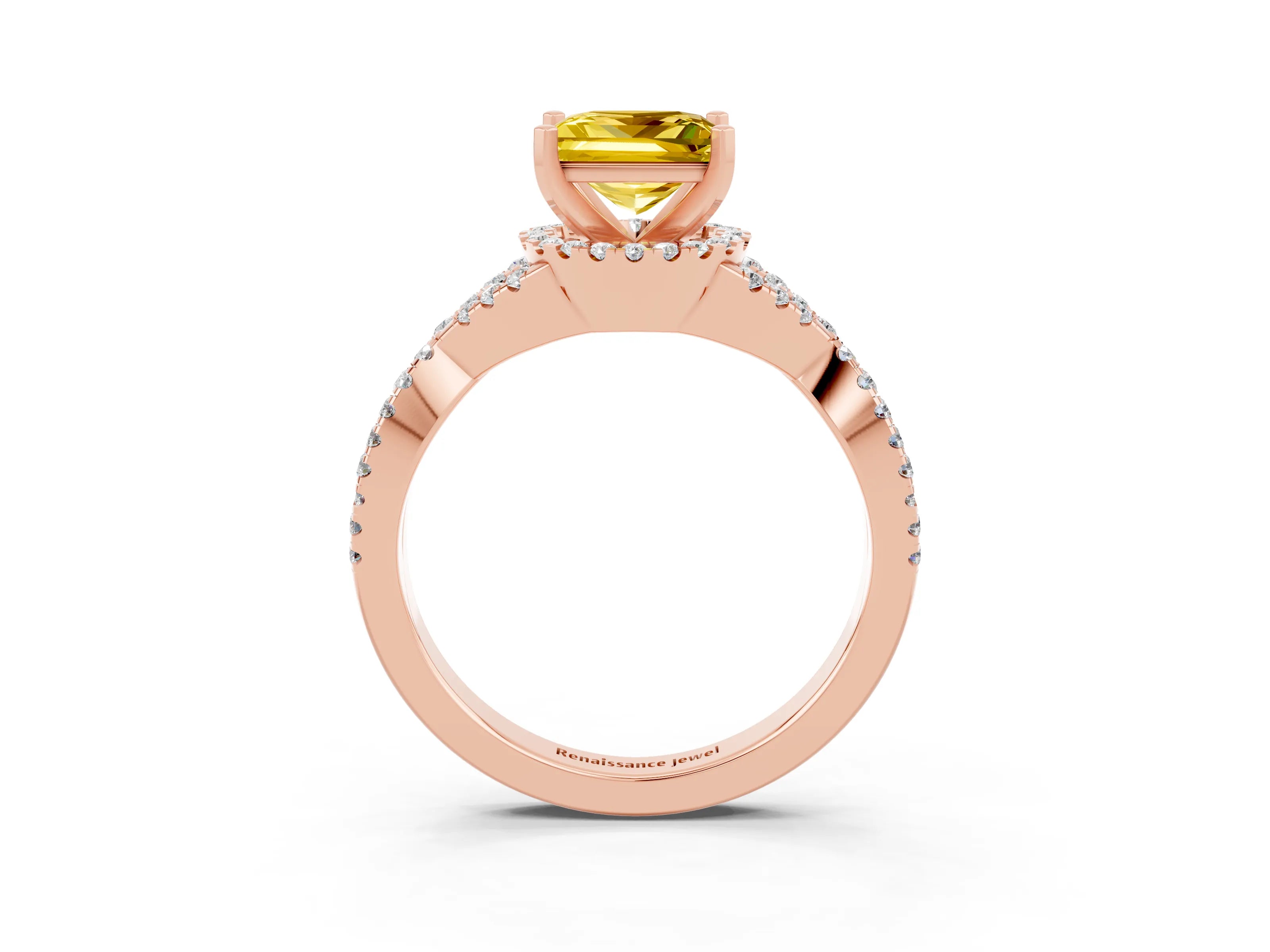 Rose gold Princess Cut Yellow Sapphire Halo Twist Band Solitaire Prong Setting Ring_27