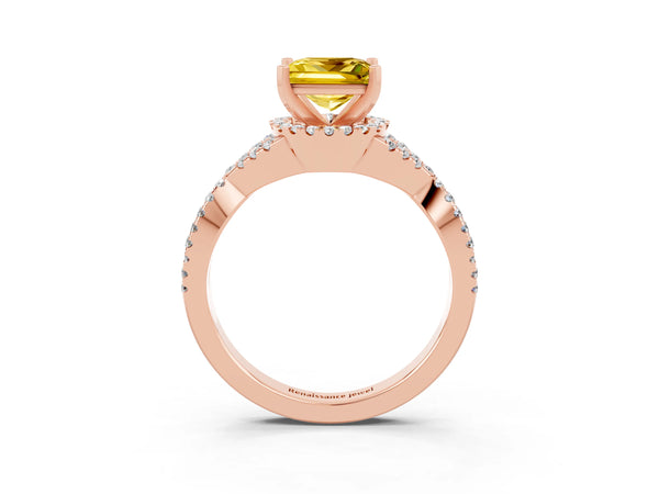 Rose gold Princess Cut Yellow Sapphire  Halo Twist Band Solitaire Prong Setting Ring
