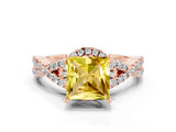 Rose gold Princess Cut Yellow Sapphire  Halo Twist Band Solitaire Prong Setting Ring_42