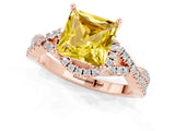 Rose gold Princess Cut Yellow Sapphire  Halo Twist Band Solitaire Prong Setting Ring_43