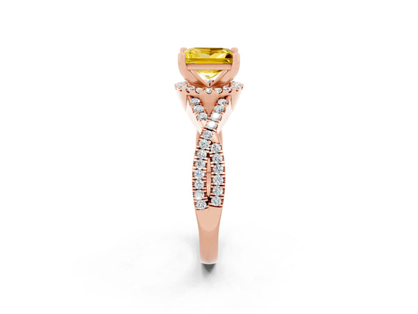 Rose gold Princess Cut Yellow Sapphire  Halo Twist Band Solitaire Prong Setting Ring