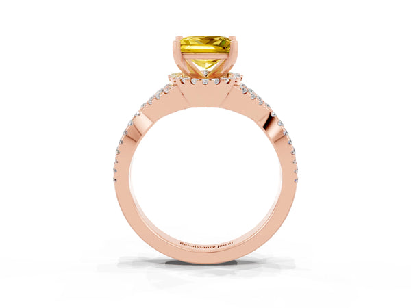 Rose gold Princess Cut Yellow Sapphire  Halo Twist Band Solitaire Prong Setting Ring