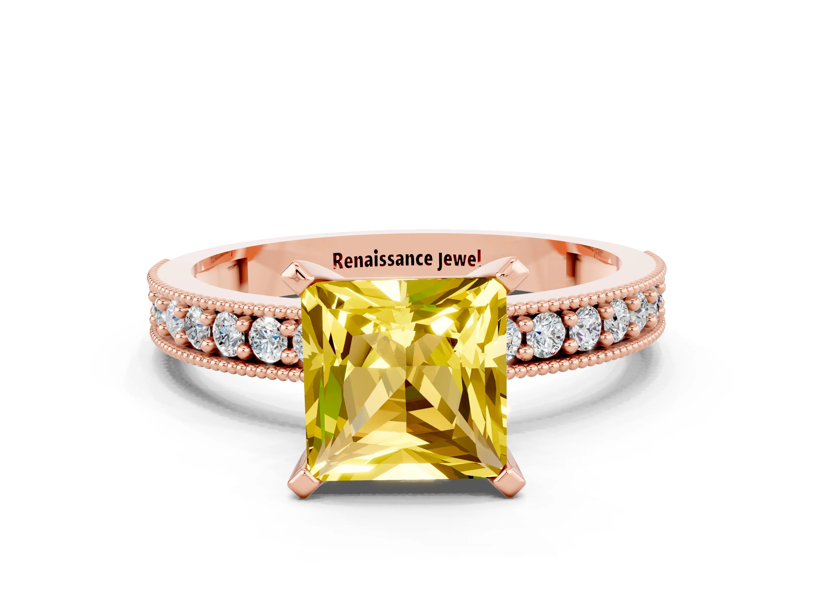 Rose gold Princess Cut Yellow Sapphire Milgrain Pavé Engagement Ring with Four-Prong Setting_36