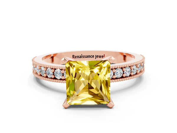 Rose gold Princess Cut Yellow Sapphire Milgrain Pavé Engagement Ring with Four-Prong Setting