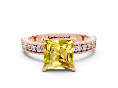 Rose gold Princess Cut Yellow Sapphire Milgrain Pavé Engagement Ring with Four-Prong Setting_36