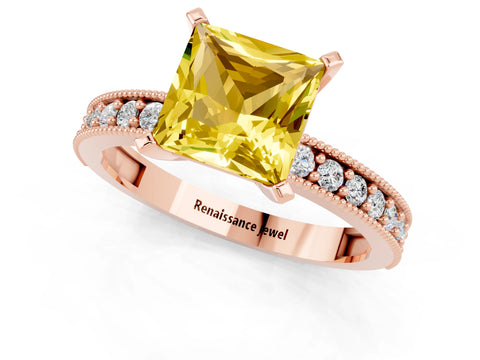 Rose gold Princess Cut Yellow Sapphire Milgrain Pavé Engagement Ring with Four-Prong Setting_37