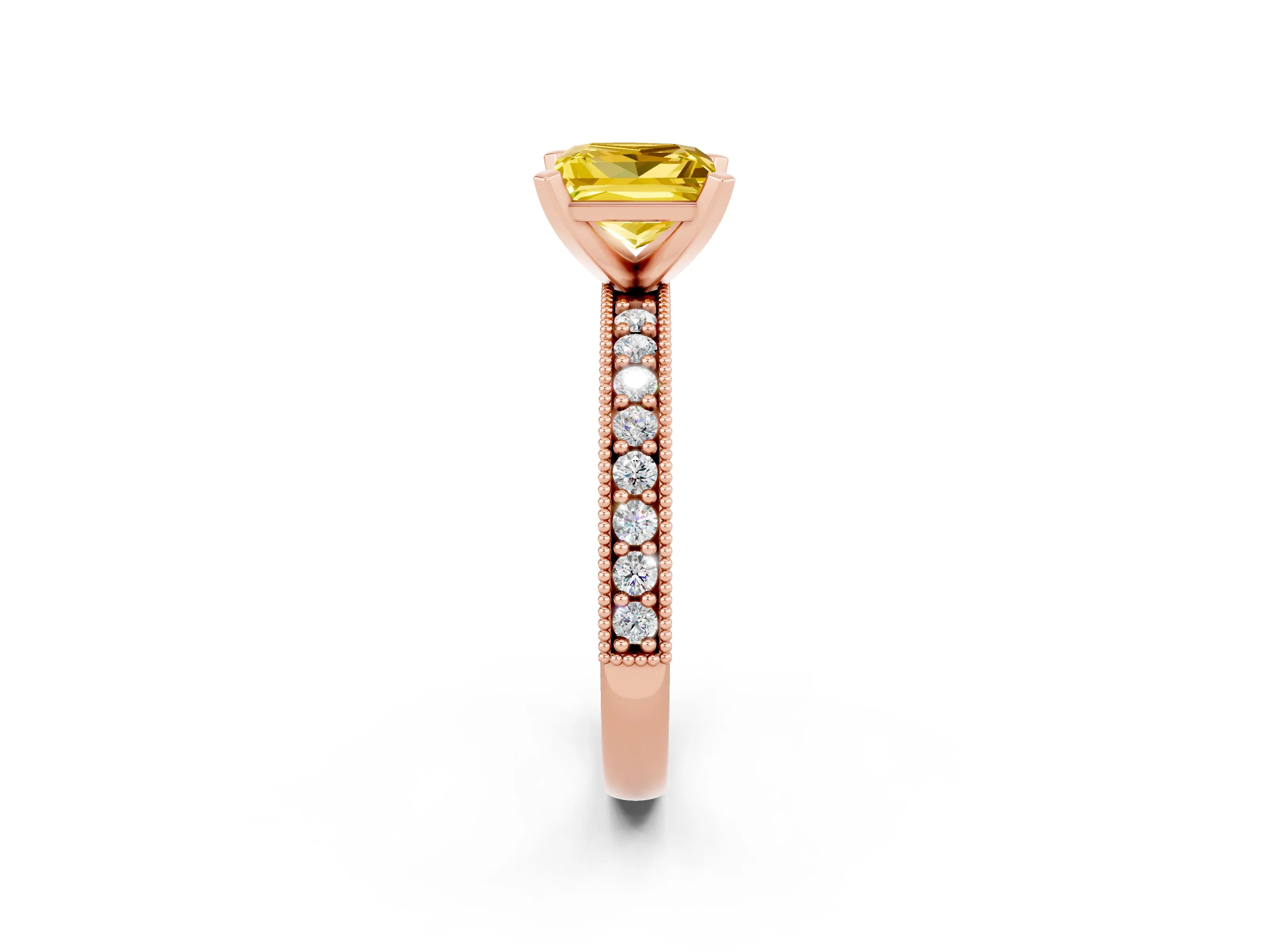 Rose gold Princess Cut Yellow Sapphire Milgrain Pavé Engagement Ring with Four-Prong Setting_38