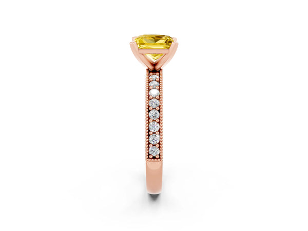 Rose gold Princess Cut Yellow Sapphire Milgrain Pavé Engagement Ring with Four-Prong Setting