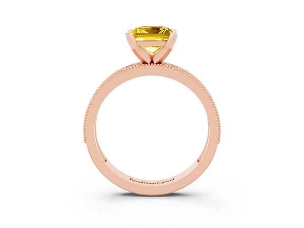 Rose gold Princess Cut Yellow Sapphire Milgrain Pavé Engagement Ring with Four-Prong Setting