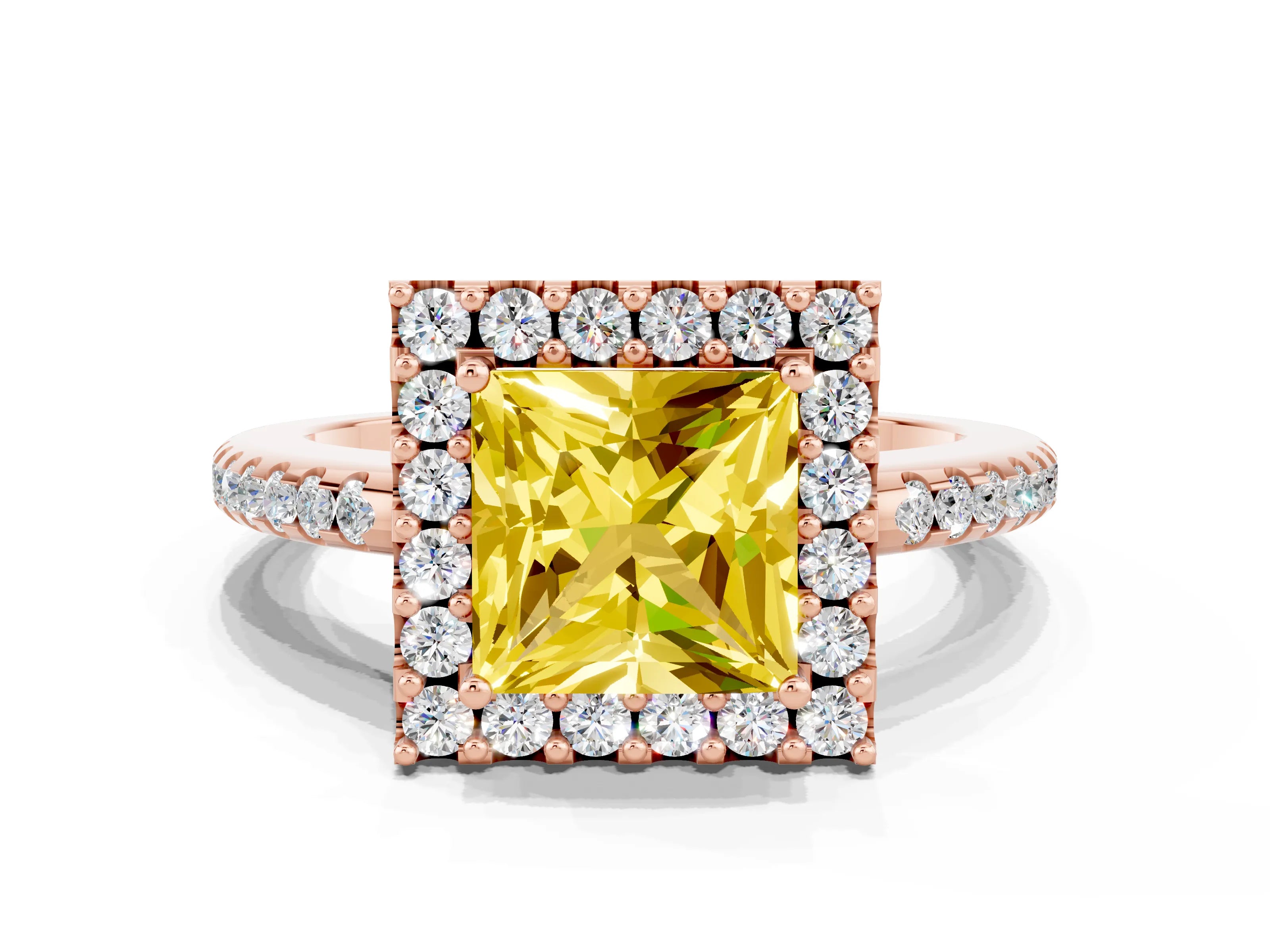 Rose gold Princess Cut Yellow Sapphire Pavé Halo Ring with Four-Prong Setting_12