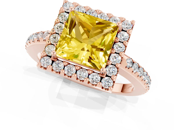 Rose gold Princess Cut Yellow Sapphire Pavé Halo Ring with Four-Prong Setting