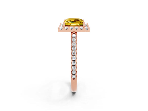 Rose gold Princess Cut Yellow Sapphire Pavé Halo Ring with Four-Prong Setting