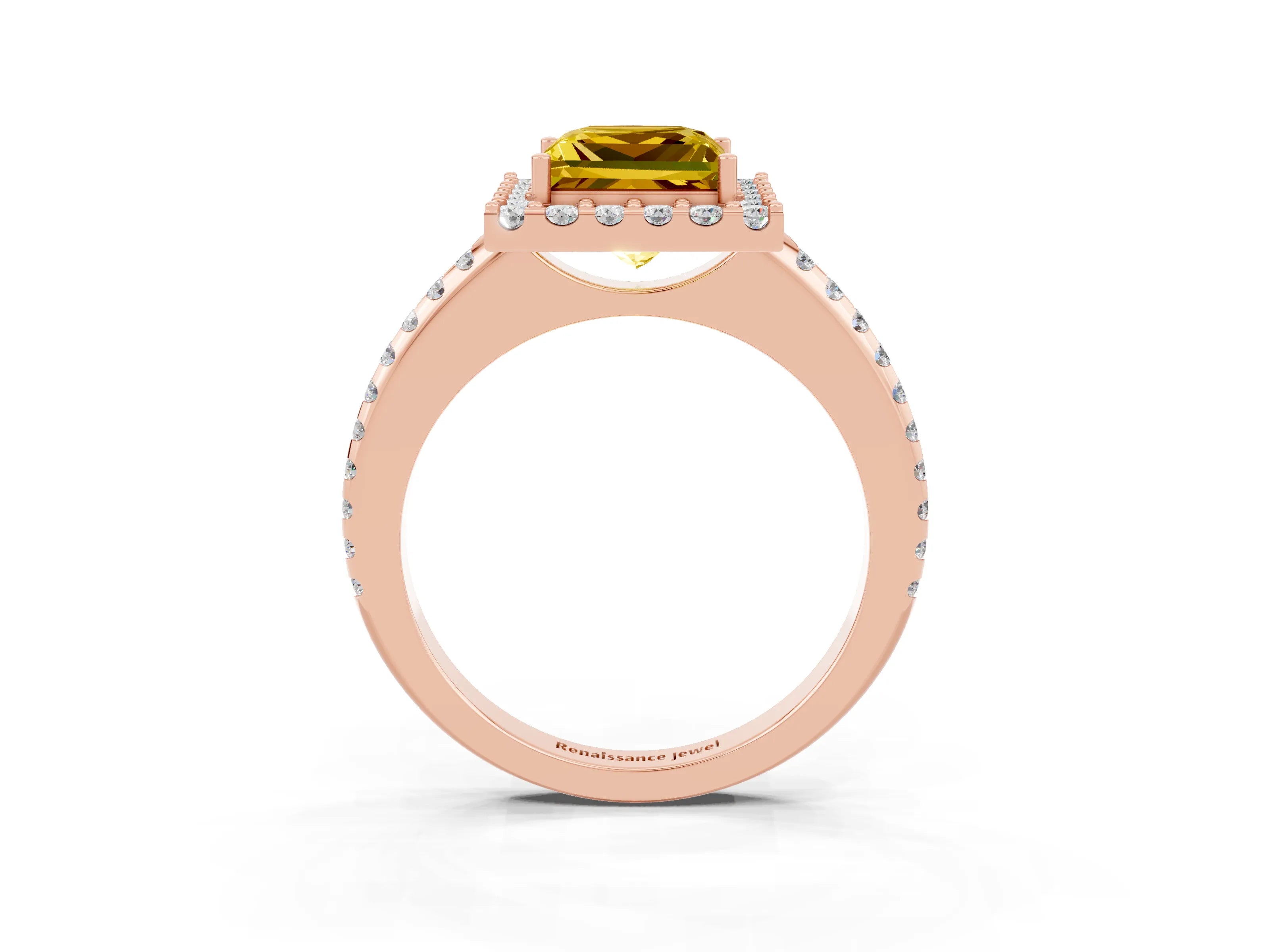 Rose gold Princess Cut Yellow Sapphire Pavé Halo Ring with Four-Prong Setting_15