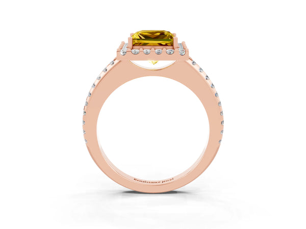 Rose gold Princess Cut Yellow Sapphire Pavé Halo Ring with Four-Prong Setting