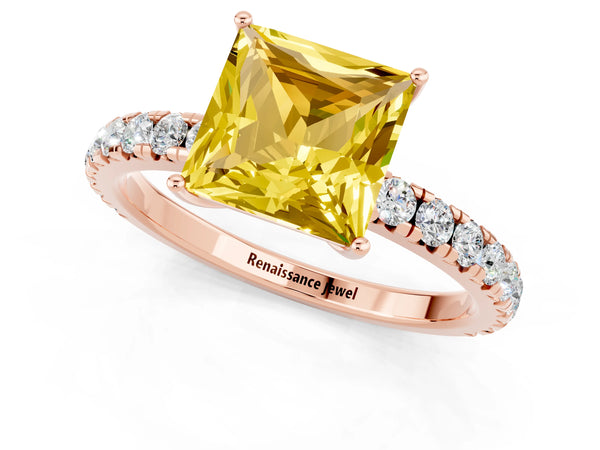 Rose gold Princess Cut Yellow Sapphire Pavé Solitaire Engagement Ring with Four-Prong Setting
