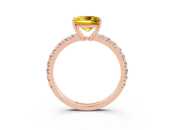 Rose gold Princess Cut Yellow Sapphire Pavé Solitaire Engagement Ring with Four-Prong Setting