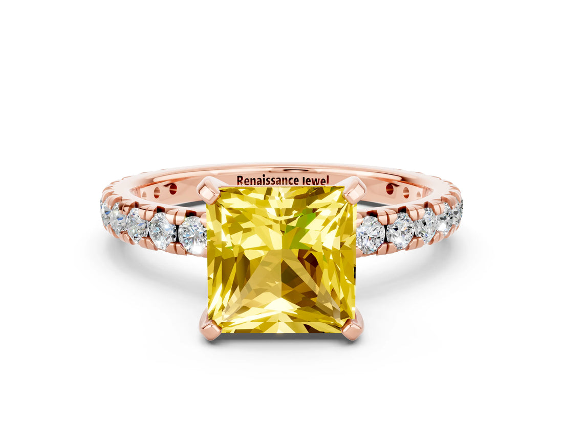 Rose gold Princess Cut Yellow Sapphire Pavé Solitaire Ring with Round Band and Prong Setting_12