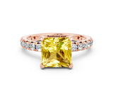 Rose gold Princess Cut Yellow Sapphire Pavé Solitaire Ring with Round Band and Prong Setting_12