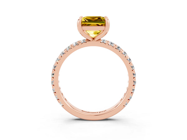 Rose gold Princess Cut Yellow Sapphire Pavé Solitaire Ring with Round Band and Prong Setting
