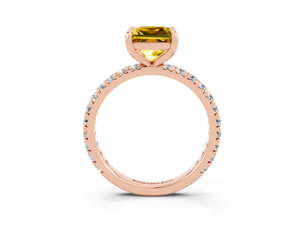 Rose Gold Princess Cut Lab-Grown Yellow Sapphire Solitaire Engagement Ring with Shared Prong Pave Band