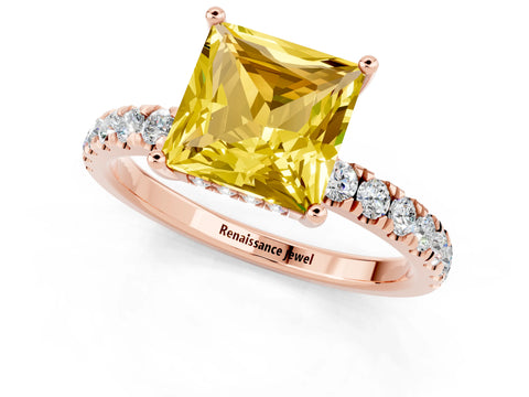 Rose gold Princess Cut Yellow Sapphire Pave Band Solitaire Ring with Four-Prong Setting_13