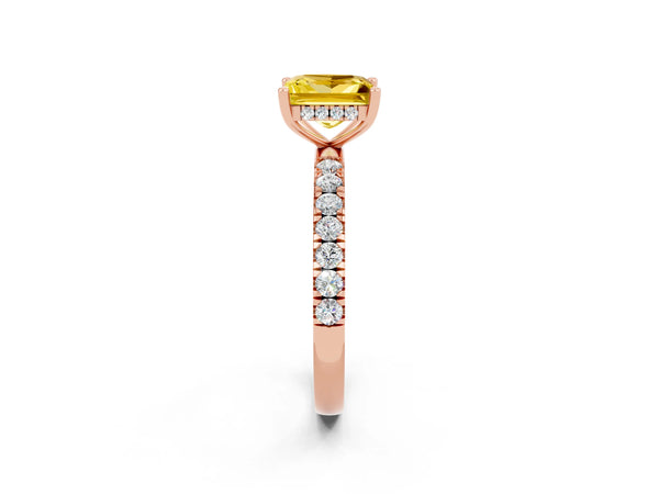 Rose gold Princess Cut Yellow Sapphire Pave Band Solitaire Ring with Round  and Prong Setting