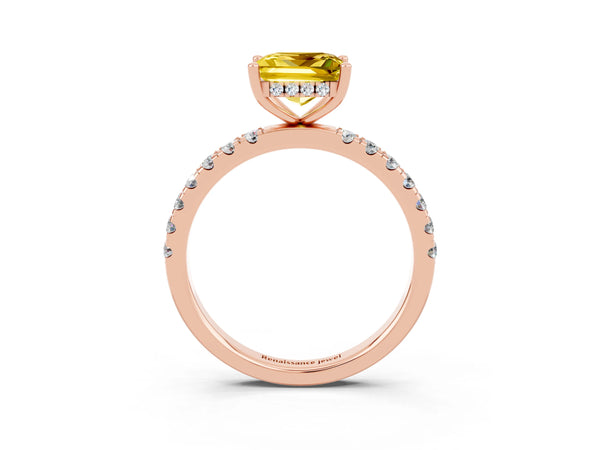 Rose gold Princess Cut Yellow Sapphire Pave Band Solitaire Ring with Round  and Prong Setting