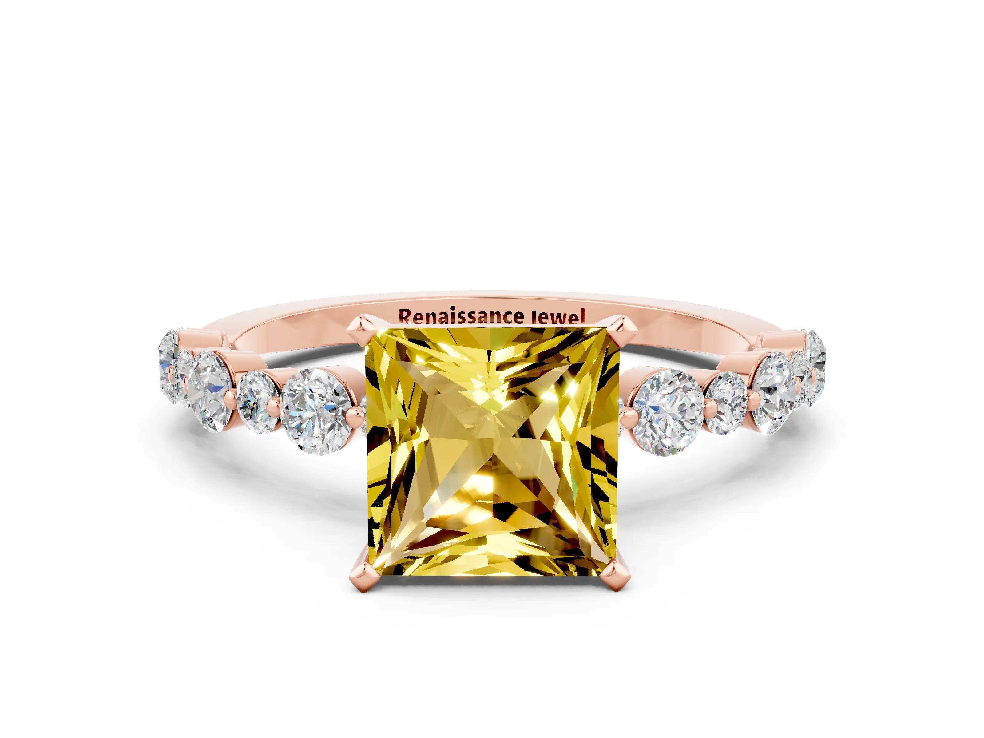 Rose gold Princess Cut Yellow Sapphire Prong Set Engagement Ring with Pavé Band_12