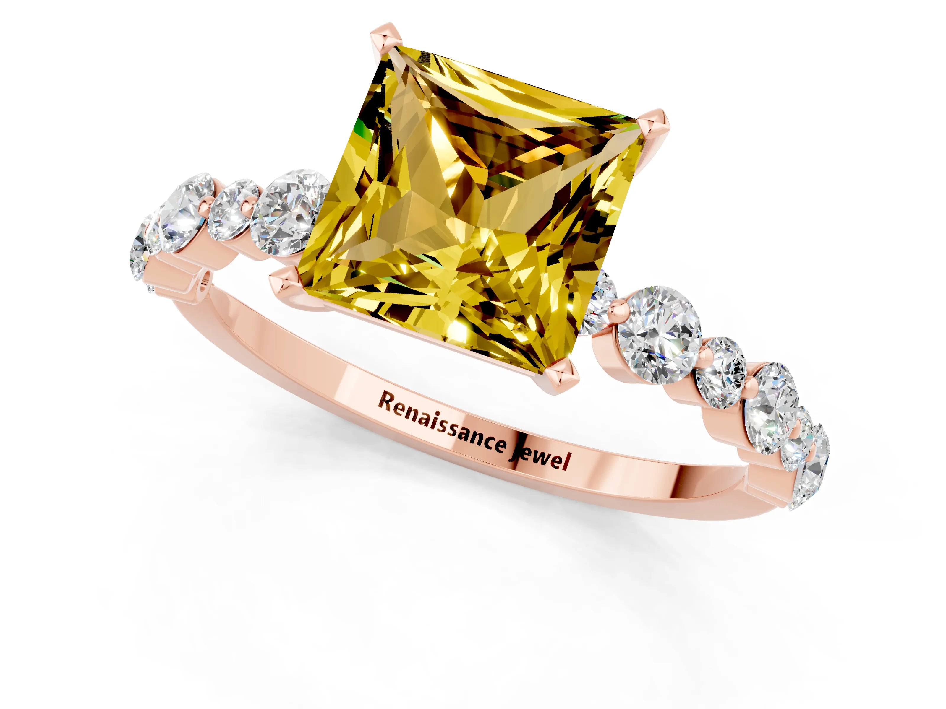 Rose gold Princess Cut Yellow Sapphire Prong Set Engagement Ring with Pavé Band_13