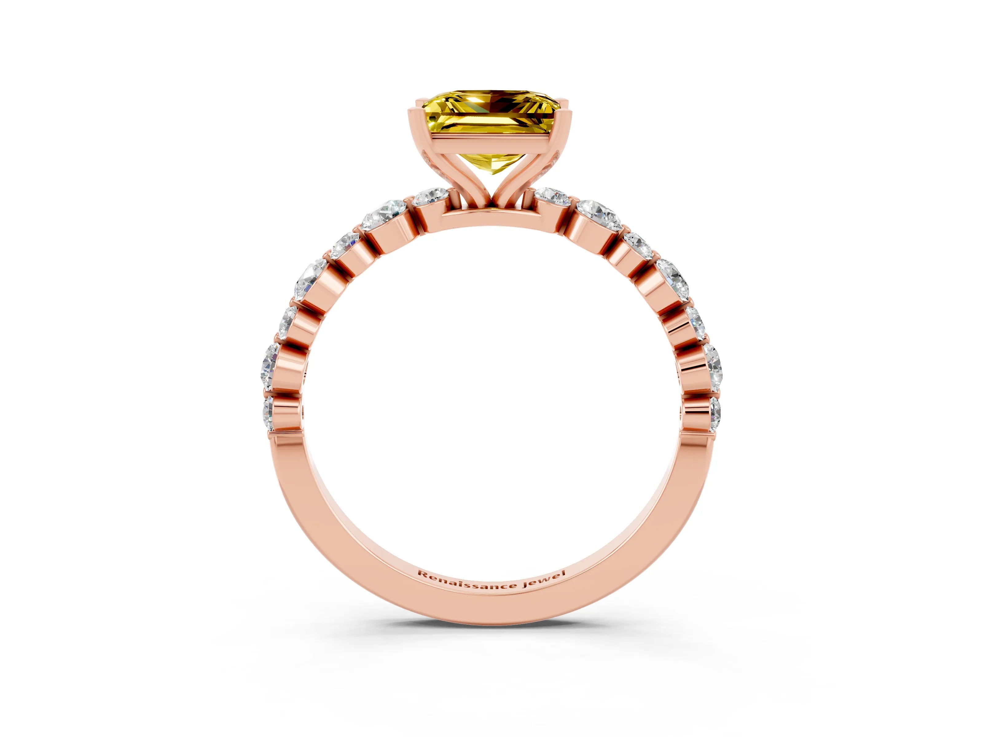 Rose gold Princess Cut Yellow Sapphire Prong Set Engagement Ring with Pavé Band_15