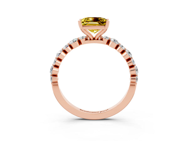Rose gold Princess Cut Yellow Sapphire Prong Set Engagement Ring with Pavé Band
