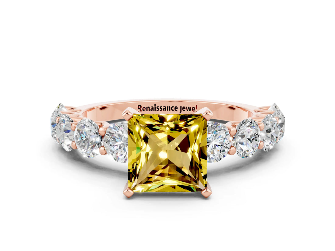 Rose gold Princess Cut Yellow Sapphire Prong Setting with Side Stones on a Pave Band_24