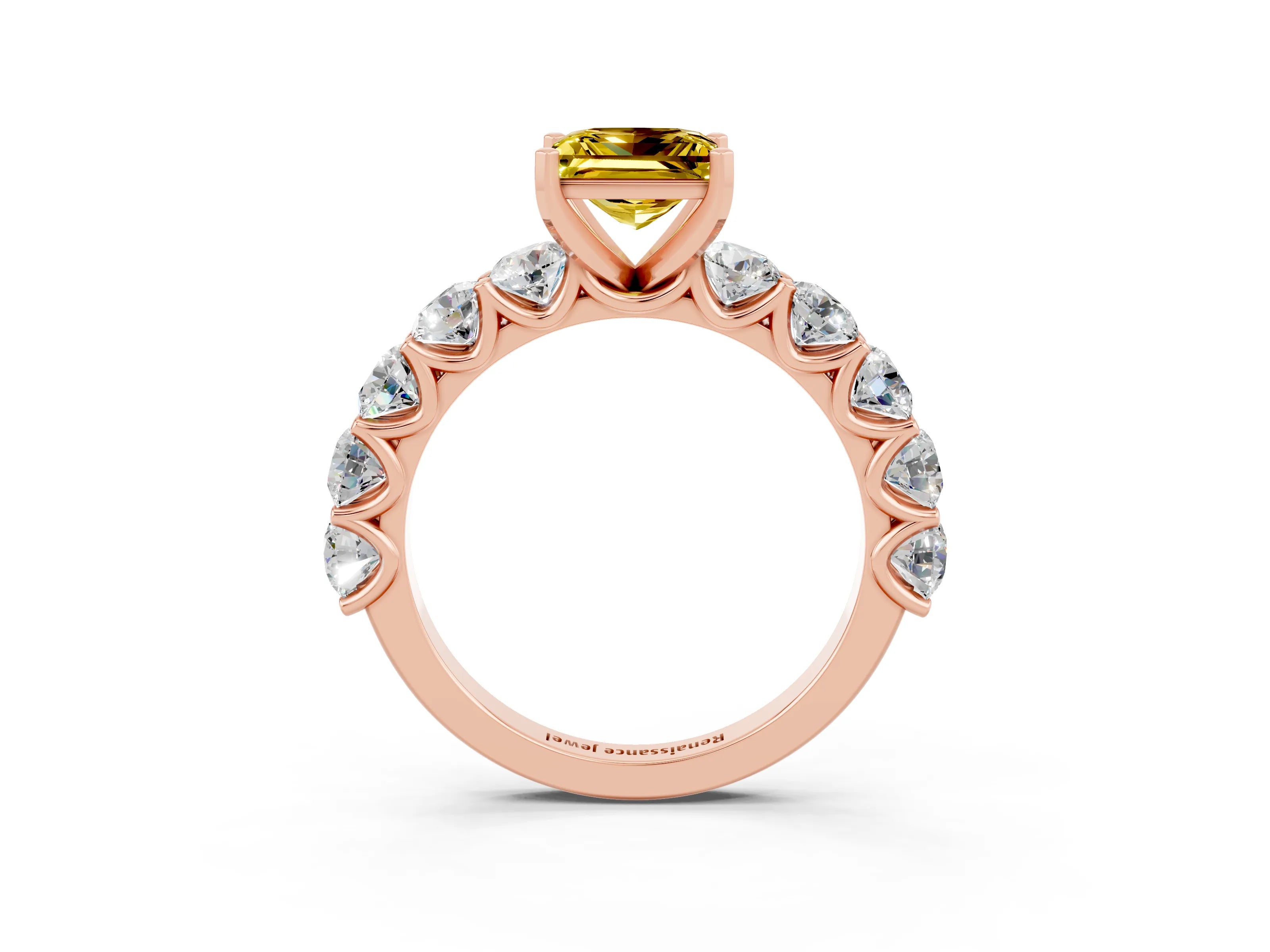 Rose gold Princess Cut Yellow Sapphire Prong Setting with Side Stones on a Pave Band_27