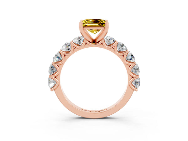 Rose gold Princess Cut Yellow Sapphire Prong Setting with Side Stones on a Pave Band