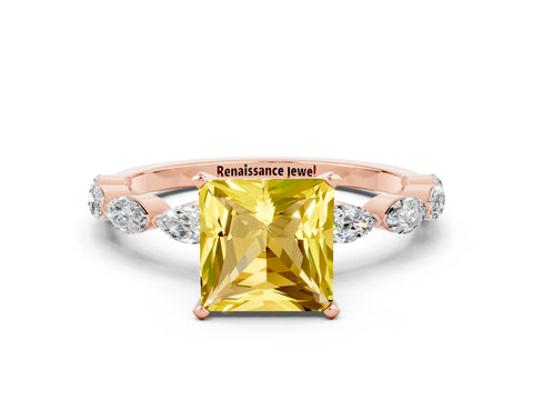 Rose gold Princess Cut Yellow Sapphire Ring with Marquise Side Stones and Prong Setting_12