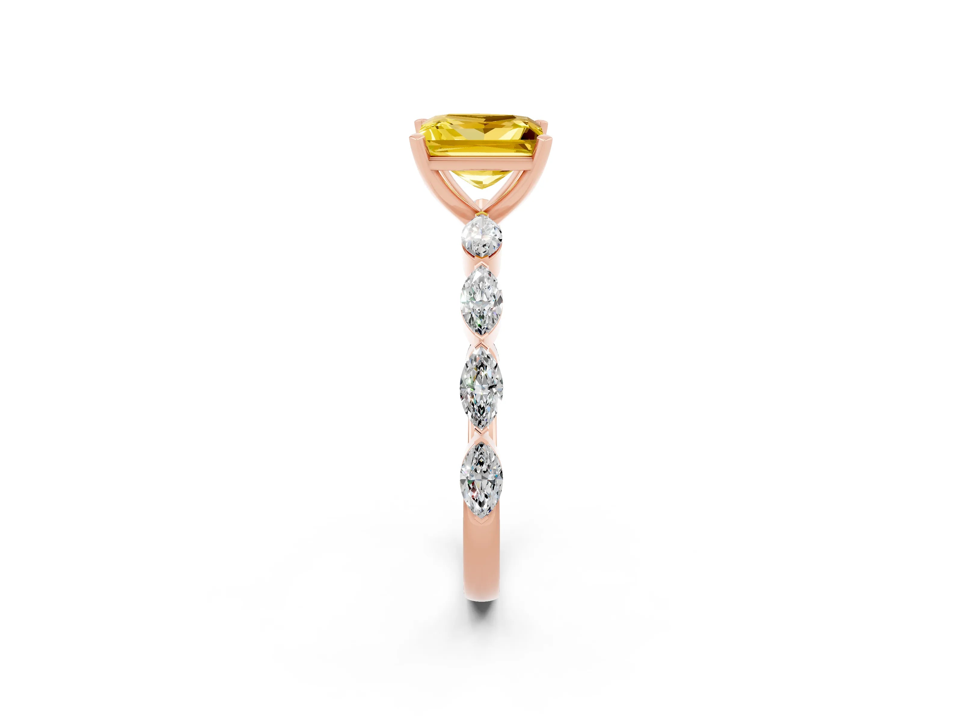 Rose gold Princess Cut Yellow Sapphire Ring with Marquise Side Stones and Prong Setting_14
