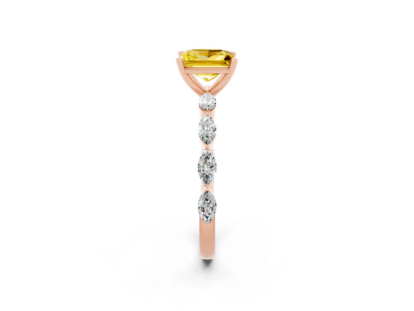 Rose gold Princess Cut Yellow Sapphire Ring with Marquise Side Stones and Prong Setting