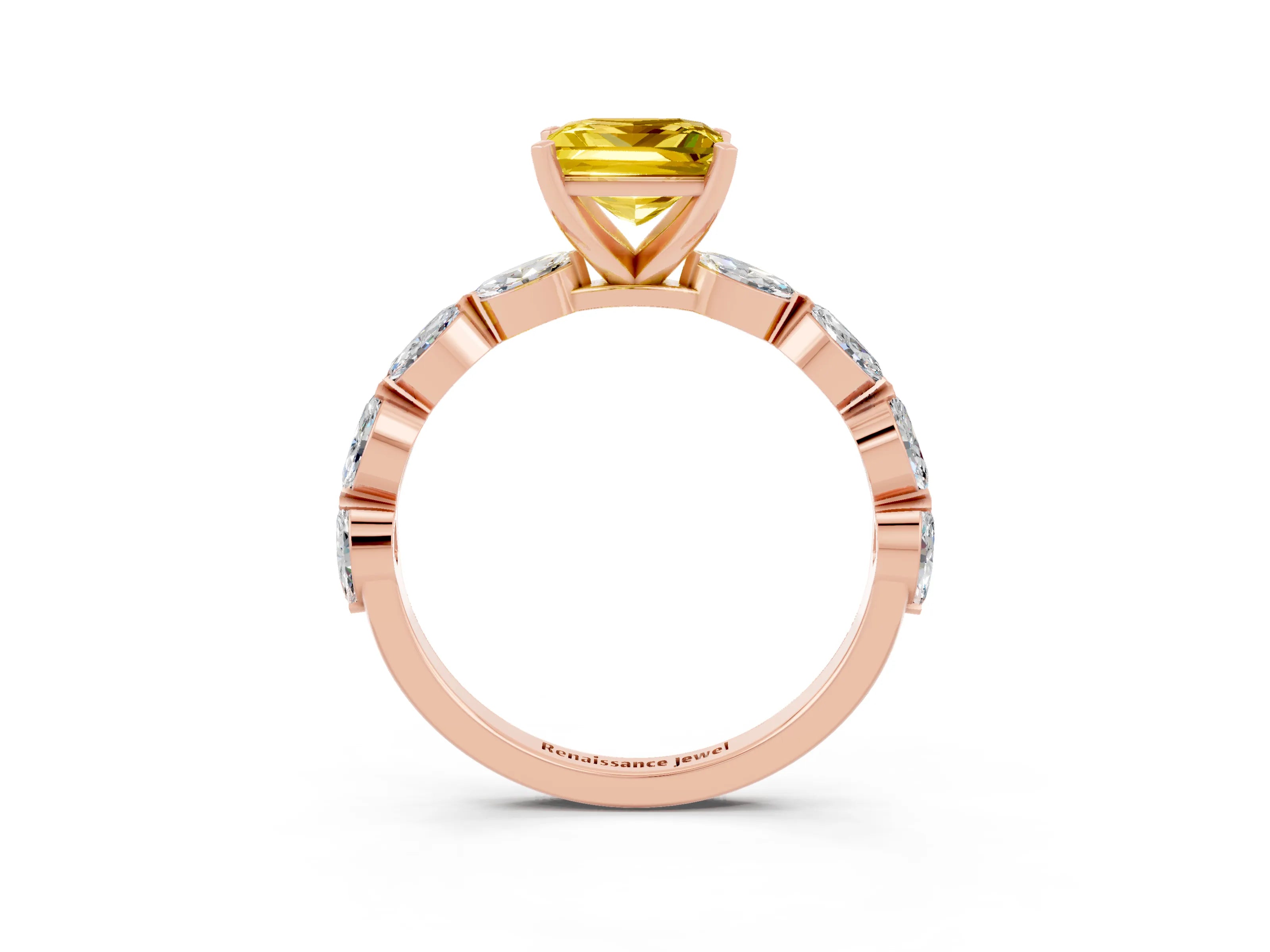 Rose gold Princess Cut Yellow Sapphire Ring with Marquise Side Stones and Prong Setting_15