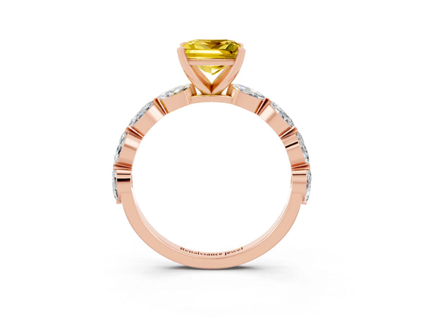 Rose gold Princess Cut Yellow Sapphire Ring with Marquise Side Stones and Prong Setting