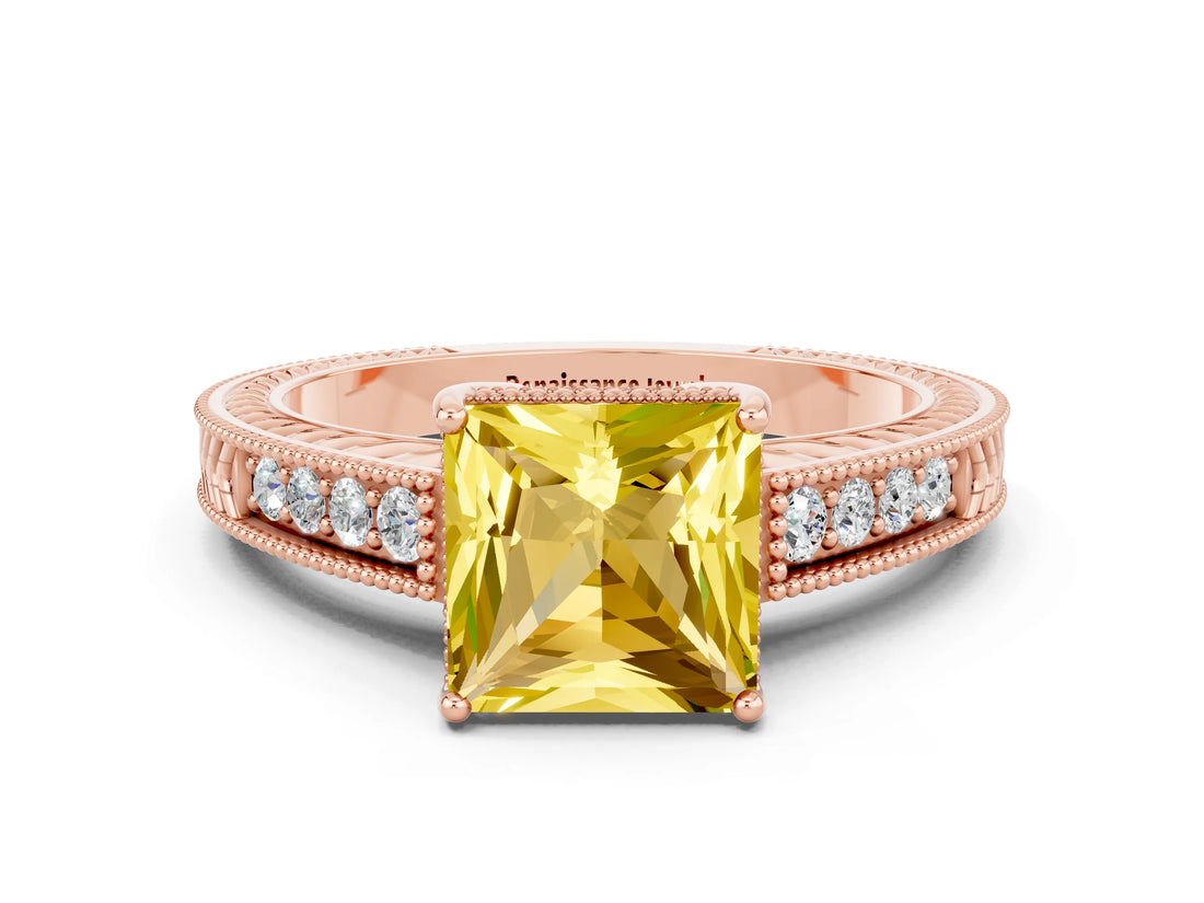 Rose gold Princess Cut Yellow Sapphire Ring with Milgrain Pavé Band and Four-Prong Setting_36