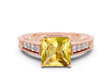 Rose gold Princess Cut Yellow Sapphire Ring with Milgrain Pavé Band and Four-Prong Setting_36