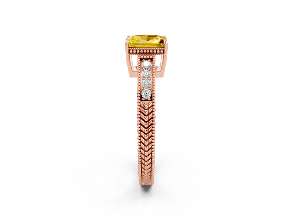Rose gold Princess Cut Yellow Sapphire Ring with Milgrain Pavé Band and Four-Prong Setting