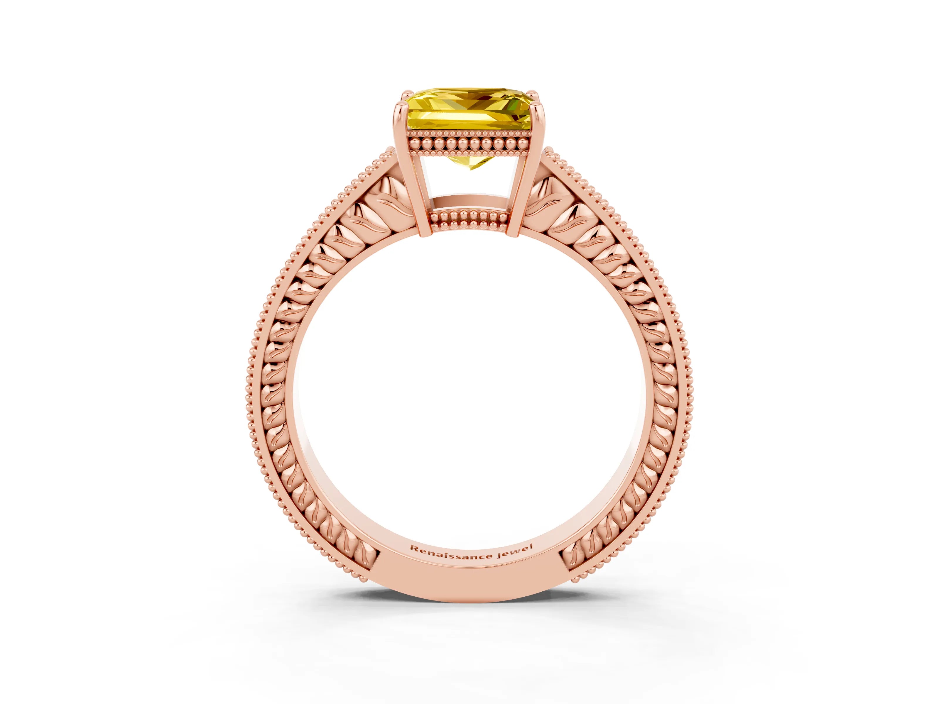 Rose gold Princess Cut Yellow Sapphire Ring with Milgrain Pavé Band and Four-Prong Setting_39